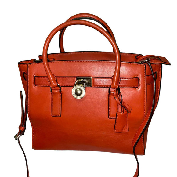 MICHAEL KORS HAMILTON TRAVELER GENUINE LEATHER SATCHEL/ SHOULDER BAG ORANGE - Picture 4 of 15